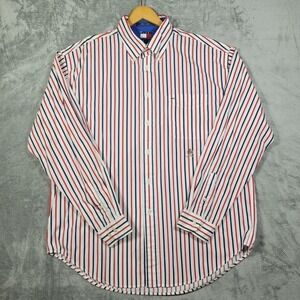 Vintage Tommy Hilfiger Shirt Mens XL Button Down White Red Blue Striped Crest